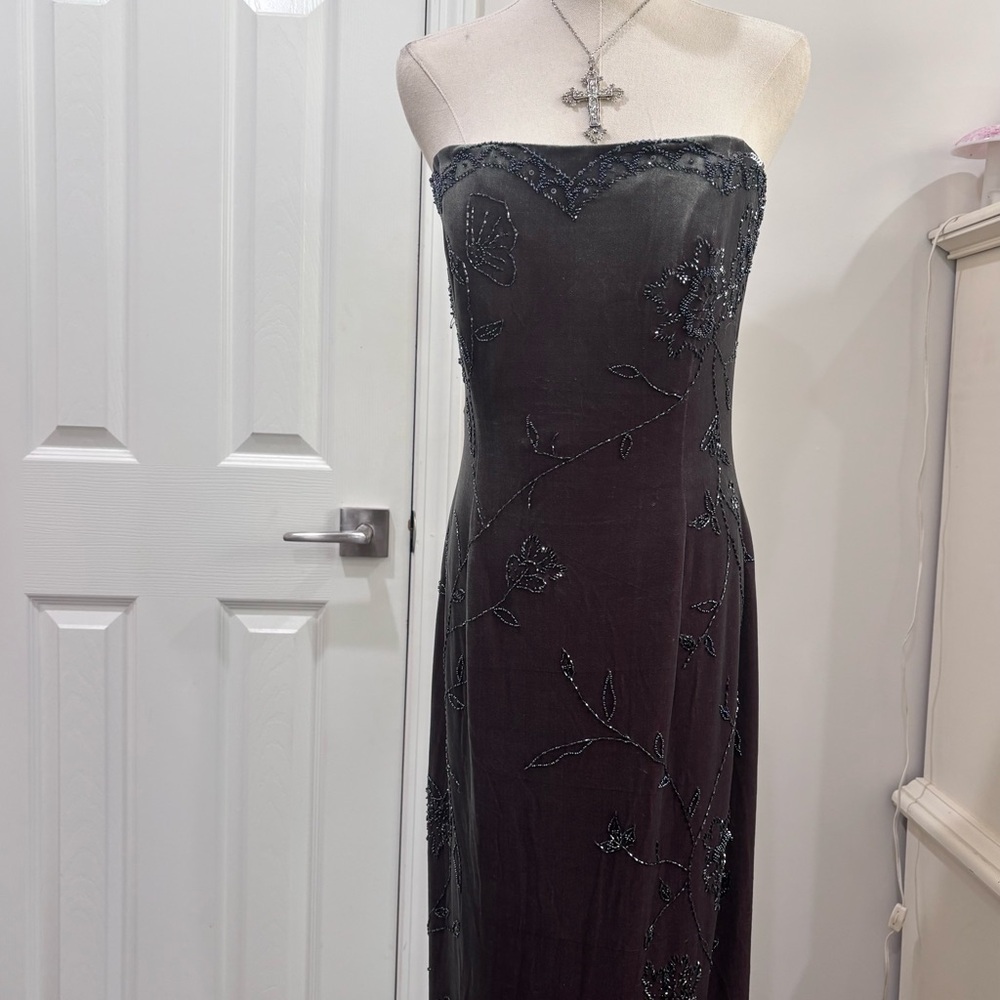 Strapless Vintage Red Grey Beaded Velvet Gown